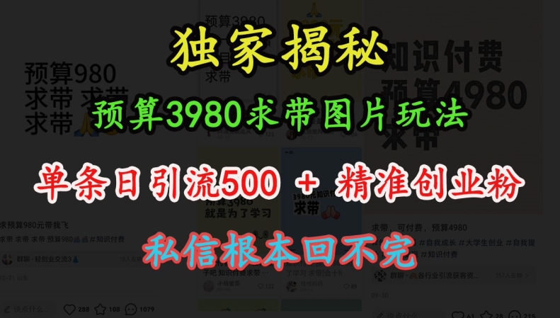 预算3980求带 图片玩法，单条日引流500+精准创业粉，私信根本回不完共研网创-网赚项目-副业赚钱-互联网创业-资源整合-共研赋能共研网创社