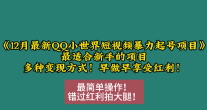 12月最新QQ小世界短视频暴力起号项目，最适合新手的项目，多种变现方式共研网创-网赚项目-副业赚钱-互联网创业-资源整合-共研赋能共研网创社