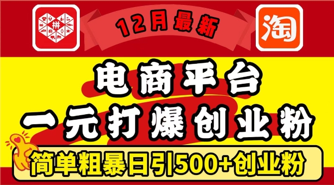 12月最新：电商平台1元打爆创业粉，简单粗暴日引500+精准创业粉，轻松月入过W【揭秘】共研网创-网赚项目-副业赚钱-互联网创业-资源整合-共研赋能共研网创社