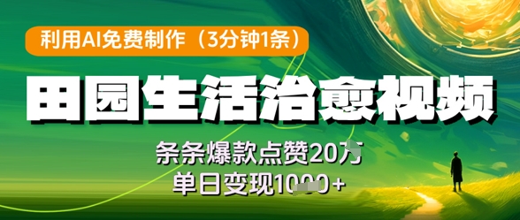 利用AI免费制作田园生活治愈视频，条条爆款点赞20W，单日变现几张共研网创-网赚项目-副业赚钱-互联网创业-资源整合-共研赋能共研网创社