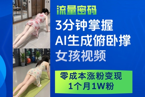 3分钟掌握AI生成俯卧撑女孩视频，零成本涨粉变现，1个月1W粉共研网创-网赚项目-副业赚钱-互联网创业-资源整合-共研赋能共研网创社
