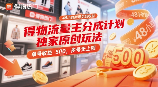 得物流量主分成计划独家原创玩法，48小时即可见到收益，单号收益5张，多号无上限【揭秘】共研网创-网赚项目-副业赚钱-互联网创业-资源整合-共研赋能共研网创社