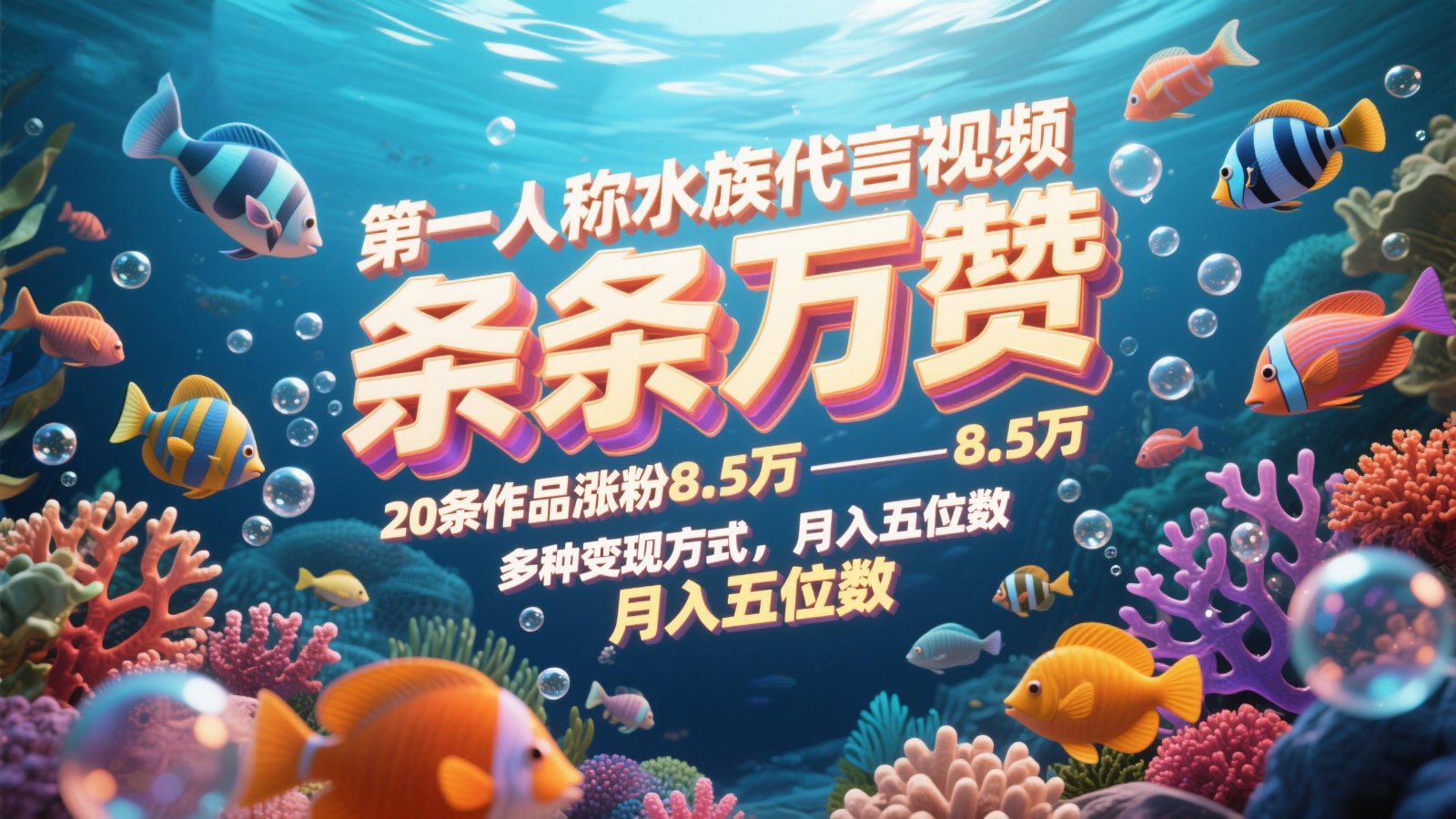 第一人称水族代言视频，条条万赞，20条作品涨粉8.5万，多种变现方式月，入五位数共研网创-网赚项目-副业赚钱-互联网创业-资源整合-共研赋能共研网创社