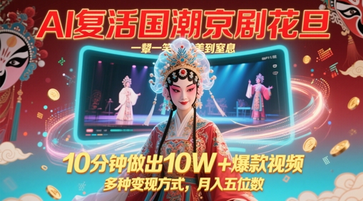 AI复活国潮京剧花旦，一颦一笑美到窒息，10分钟做出10W+爆款视频，多种变现方式，月入五位数共研网创-网赚项目-副业赚钱-互联网创业-资源整合-共研赋能共研网创社
