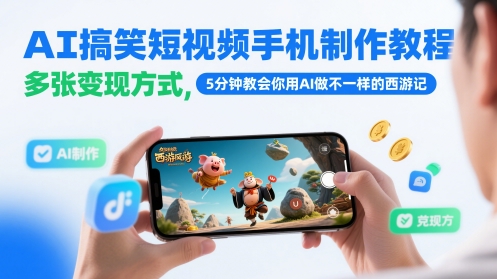 AI搞笑短视频手机制作教程，多张变现方式，5分钟教会你用AI做不一样的西游记共研网创-网赚项目-副业赚钱-互联网创业-资源整合-共研赋能共研网创社