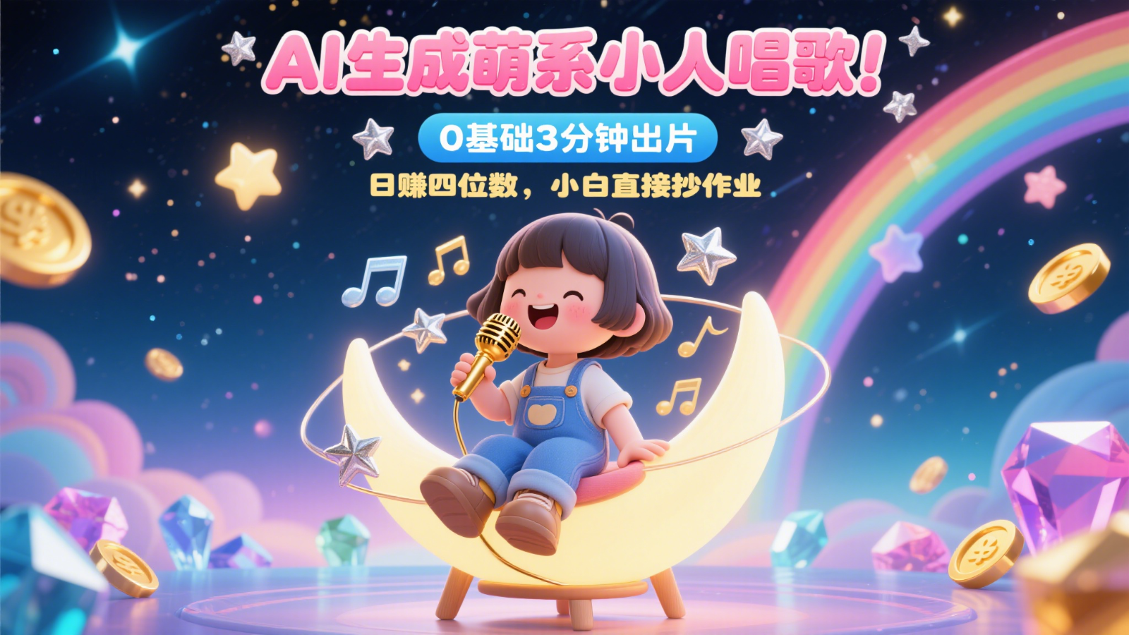 AI生成萌系小人唱歌！0基础3分钟出片，28个作品涨粉9万，日赚四位数，小白直接抄作业共研网创-网赚项目-副业赚钱-互联网创业-资源整合-共研赋能共研网创社