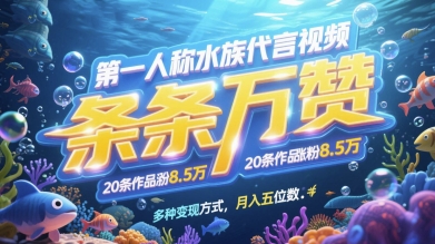 第一人称水族代言视频，条条万赞，20条作品涨粉7.8W，多种变现方式月入五位数-寒山客