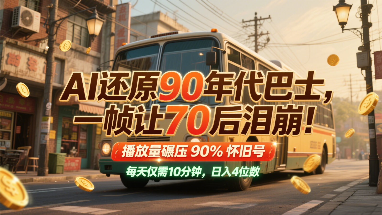 AI还原90年代巴士，一帧让70后泪崩！播放量碾压90%怀旧号，每天10分钟，日入4位数-寒山客