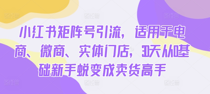 小红书矩阵号引流，适用于电商、微商、实体门店，30天从0基础新手蜕变成卖货高手共研网创-网赚项目-副业赚钱-互联网创业-资源整合-共研赋能共研网创社